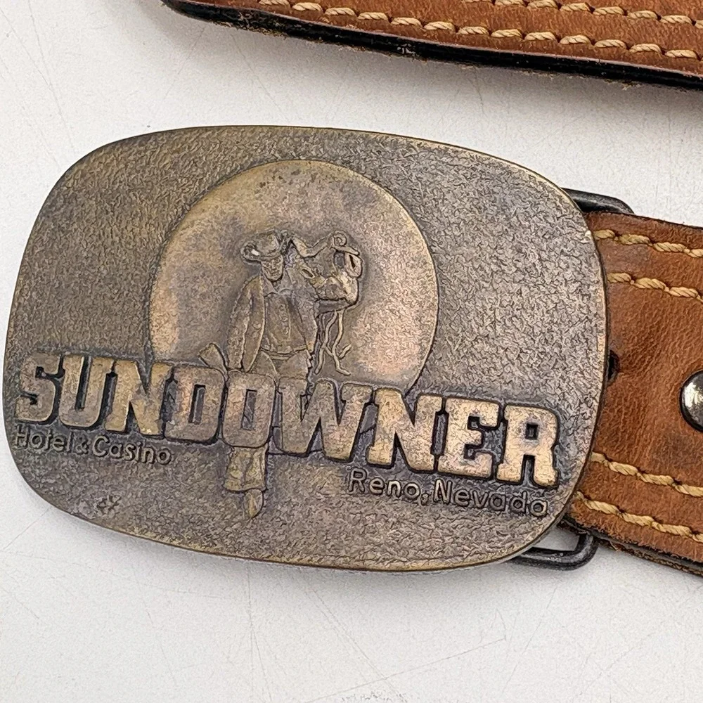 VTG Sears Leather Belt Brown Sz 42 Sundowner Reno Nevada Casino Brass Buckle USA